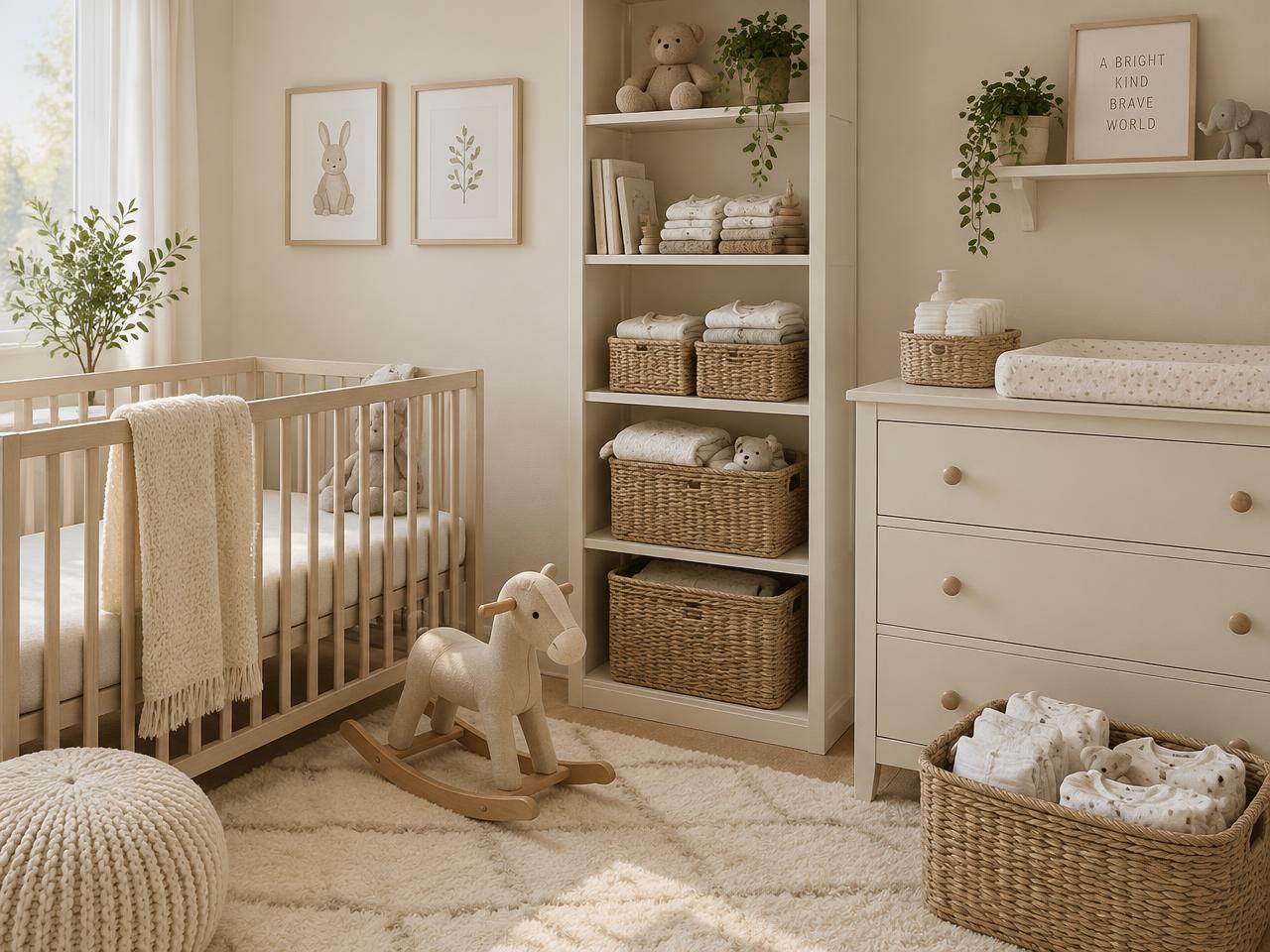 A calm, organized nursery prepared for a new baby