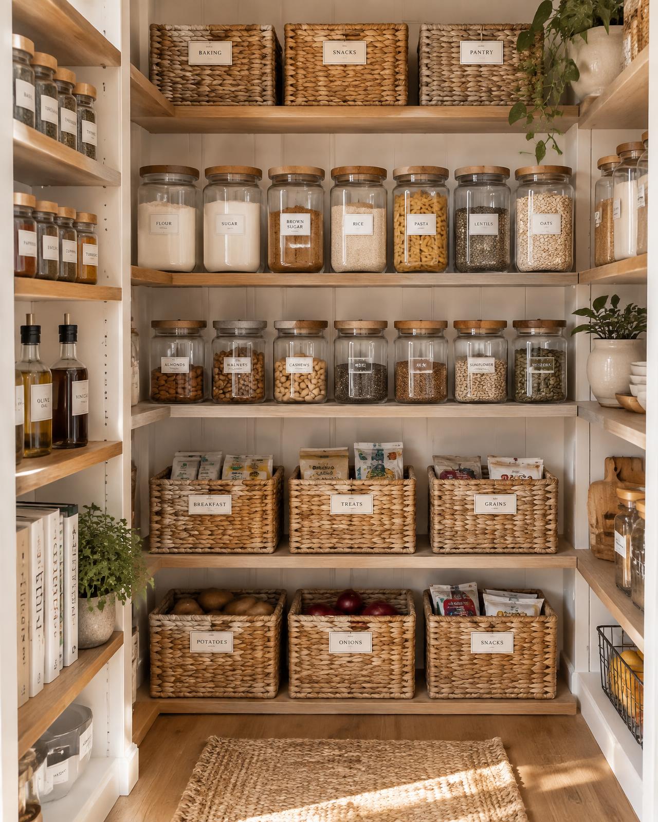 A neatly organized pantry with labeled jars and baskets